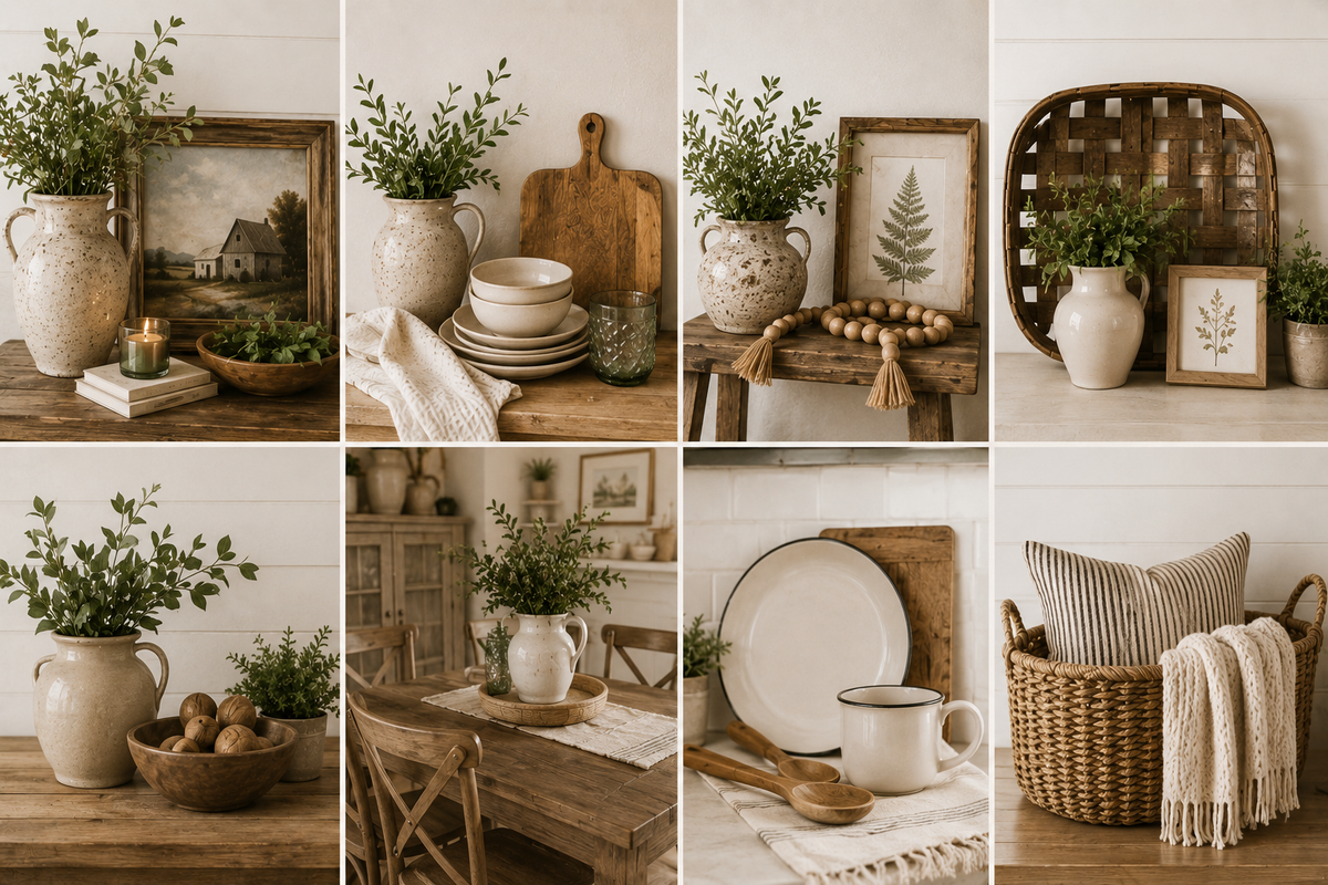 Cozy rustic farmhouse decor collage