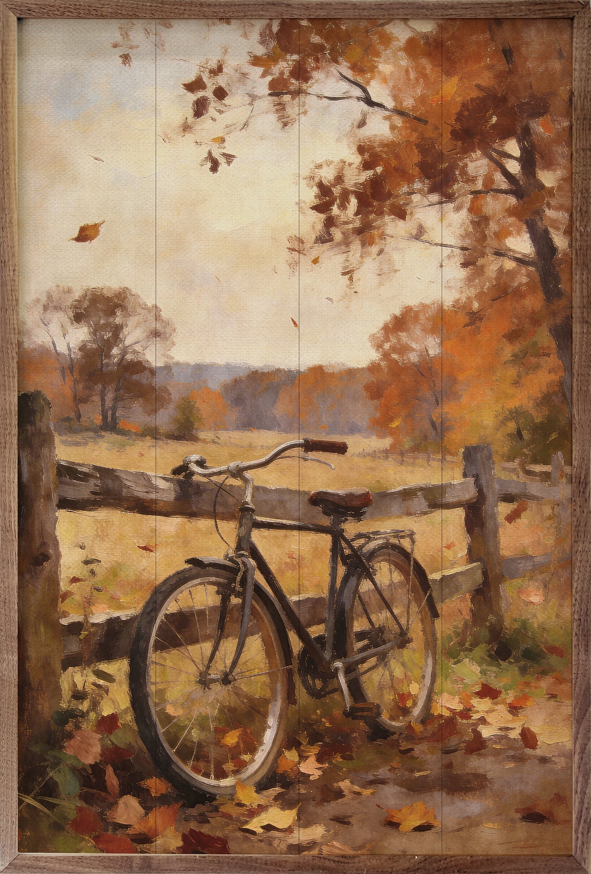 Autumn Bicycle & Country Fence Wood Framed Print