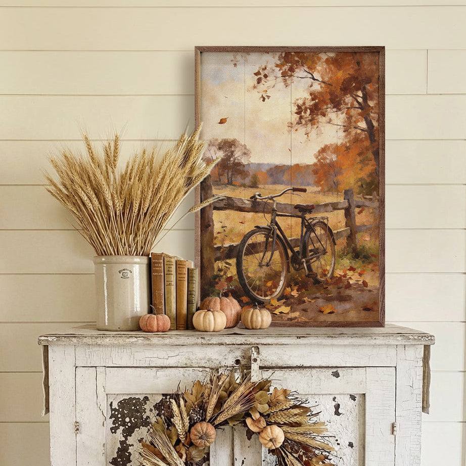 Autumn Bicycle & Country Fence Wood Framed Print