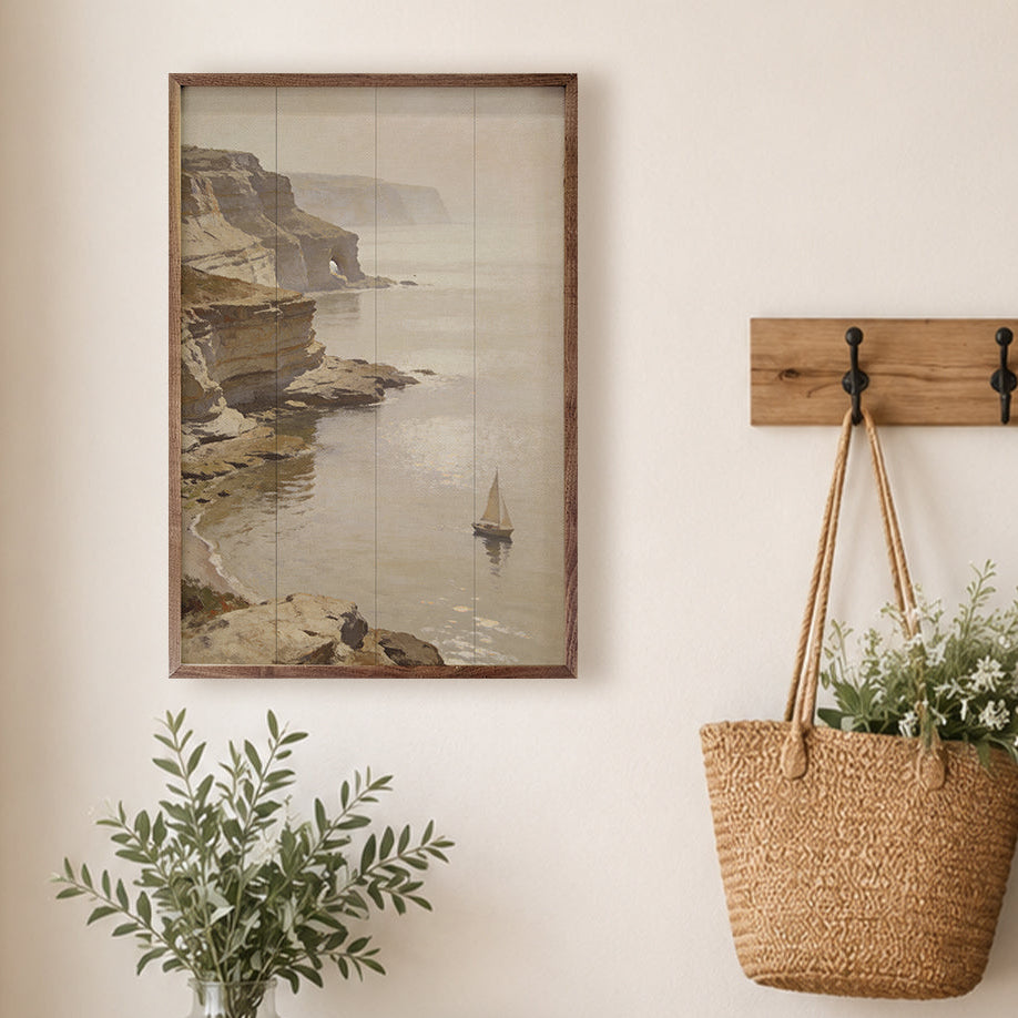 Cliffside Coastal Sail Wood Framed Print