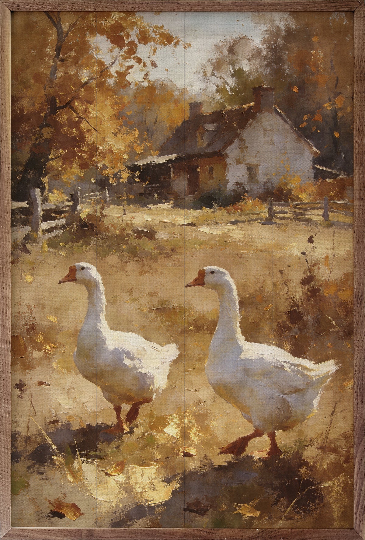 Country Geese In Autumn Field Wood Framed Print
