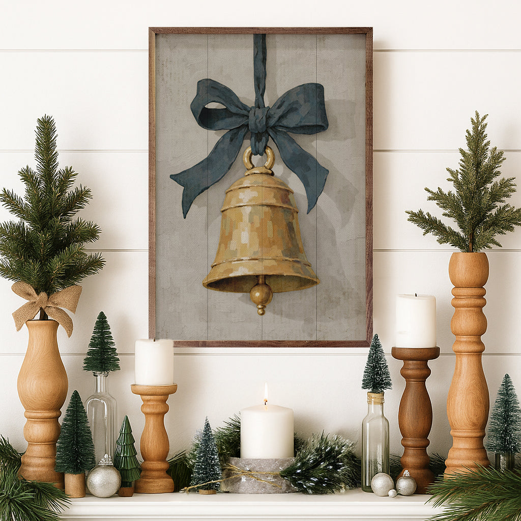 Hanging Bell & Ribbon Wood Framed Print