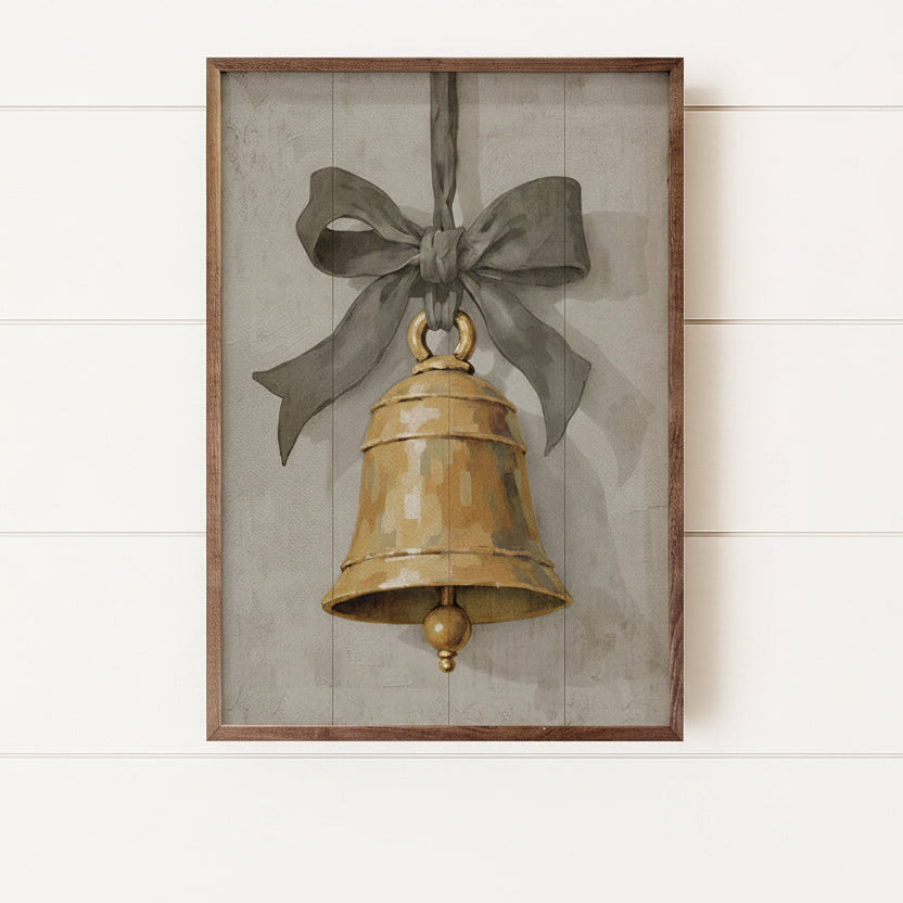 Hanging Bell & Ribbon Wood Framed Print