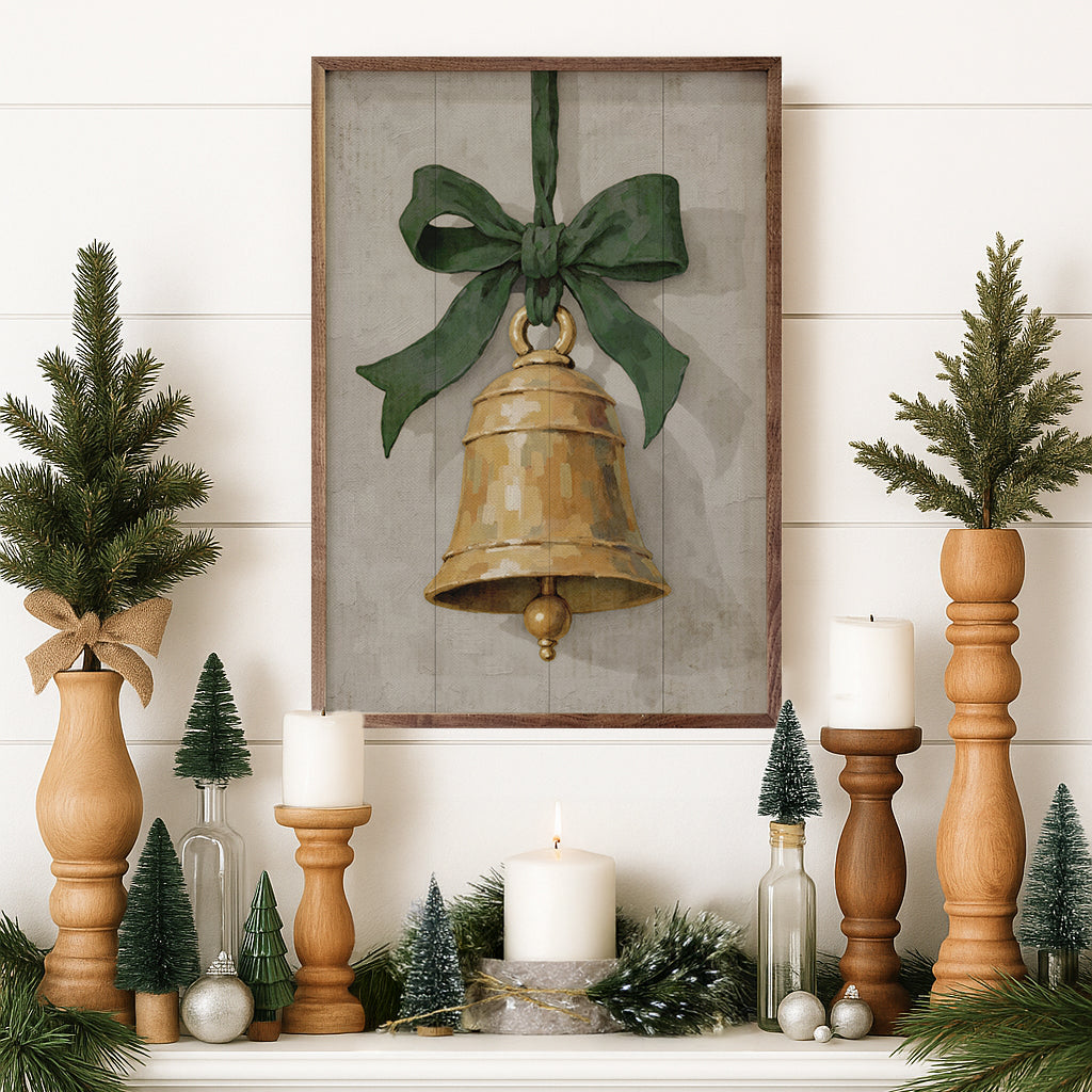 Hanging Bell & Ribbon Wood Framed Print