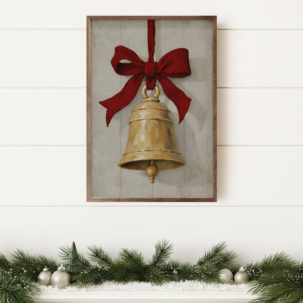 Hanging Bell & Ribbon Wood Framed Print