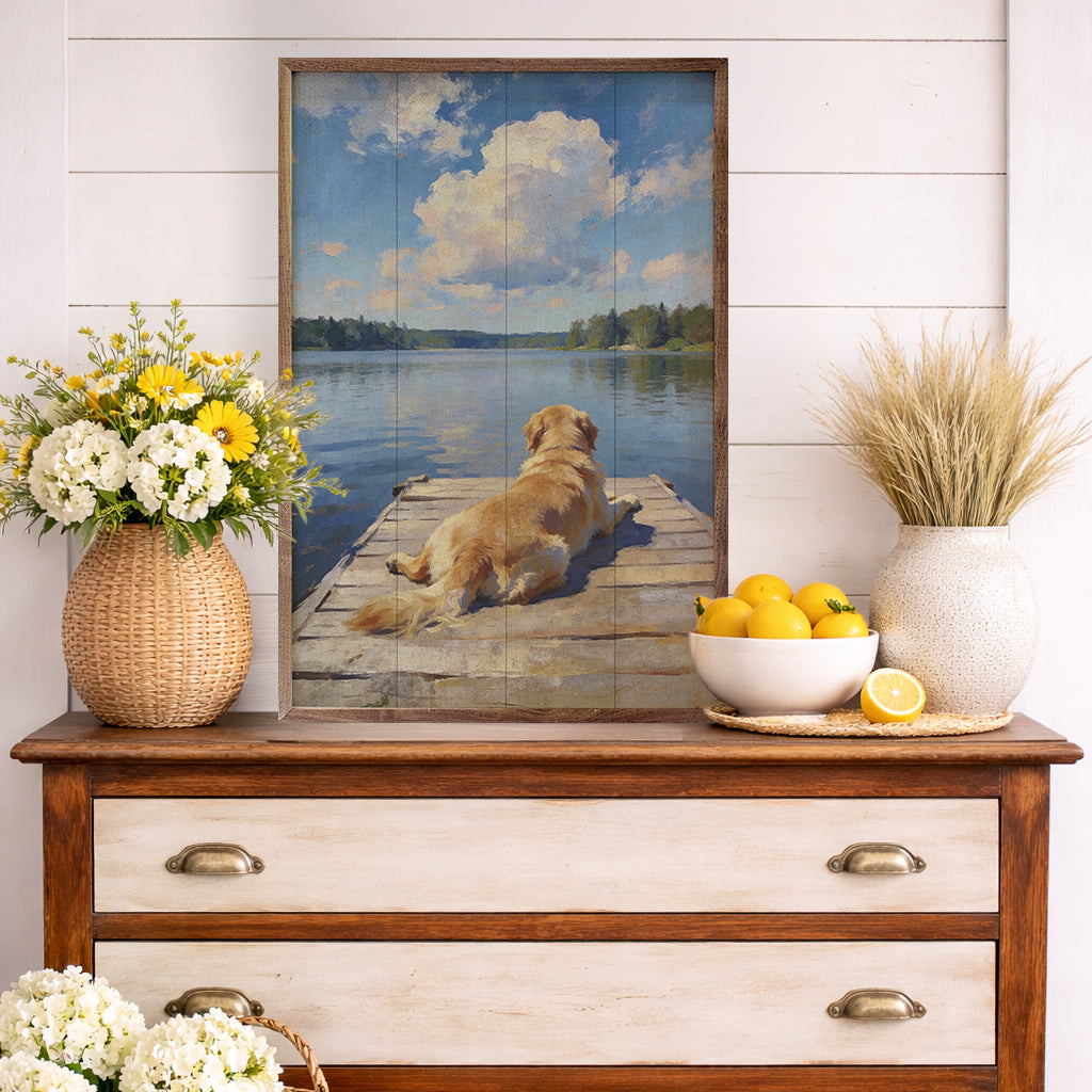 Lakeside Golden Retriever Wood Framed Print