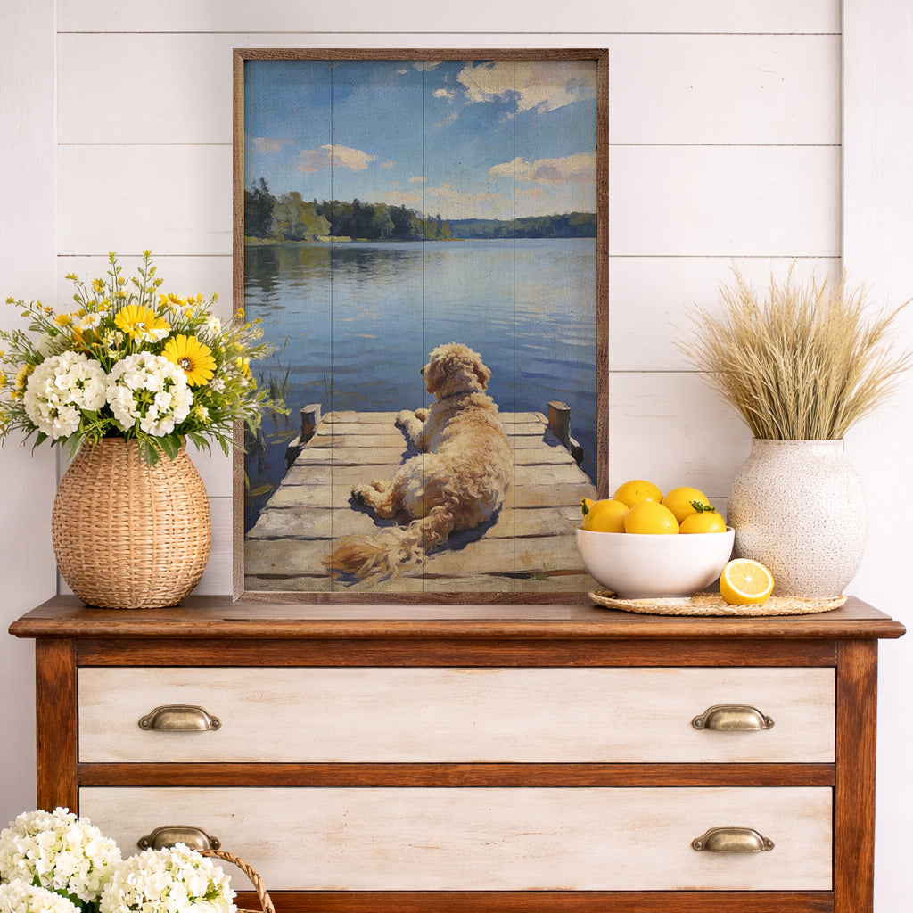 Lakeside Goldendoodle Wood Framed Print
