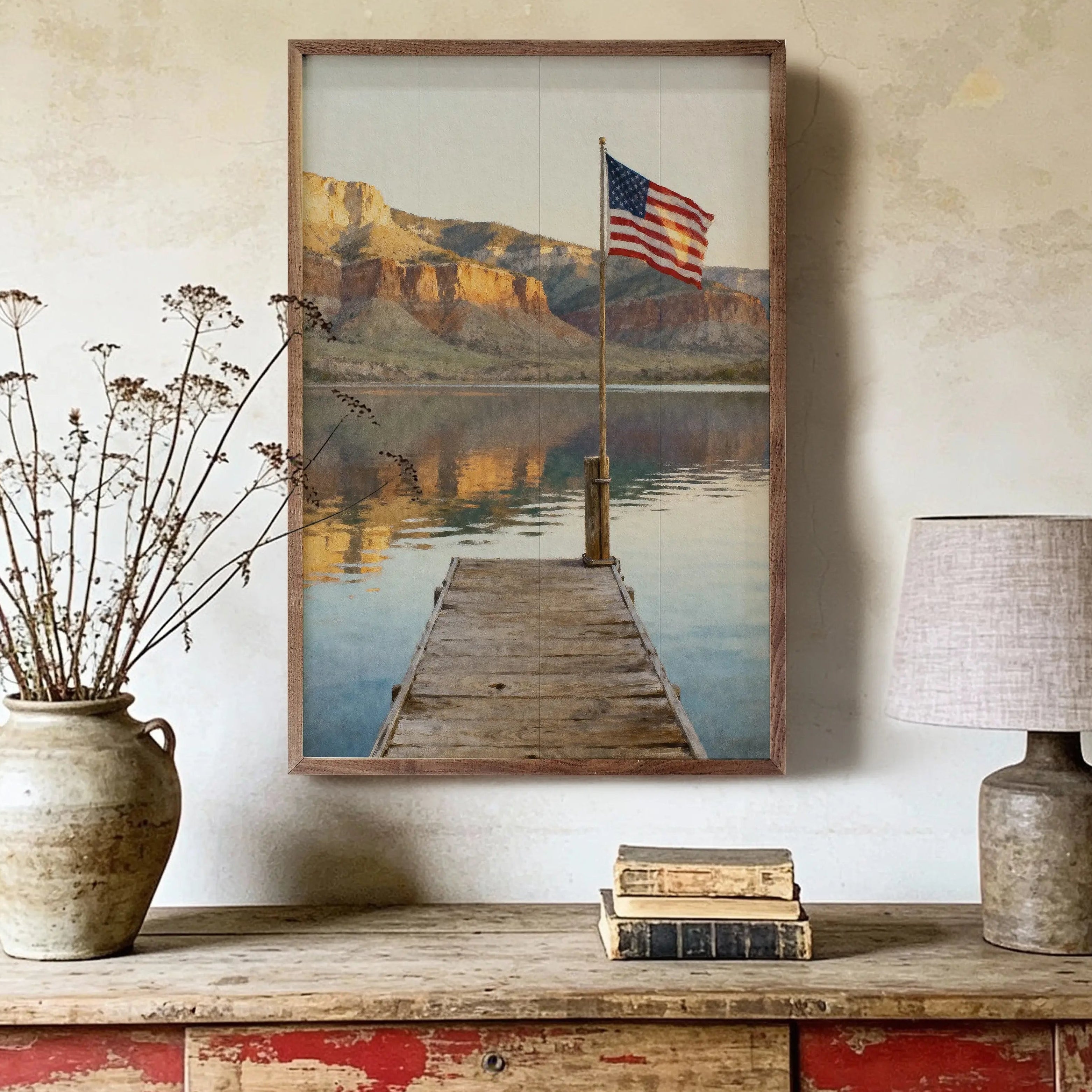 Mountain Lake Flag Dock Wood Framed Print