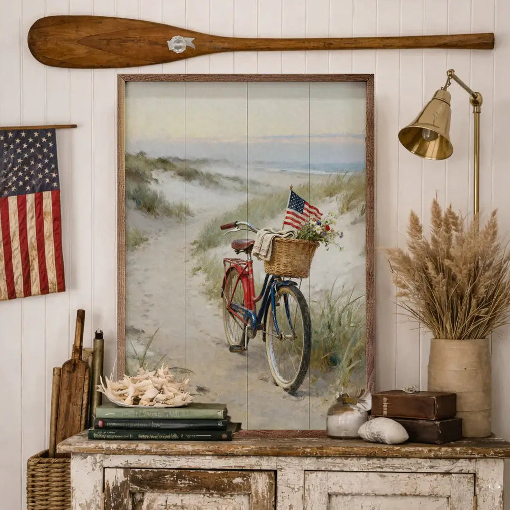 Patriotic Bike On The Coast Wood Framed Print
