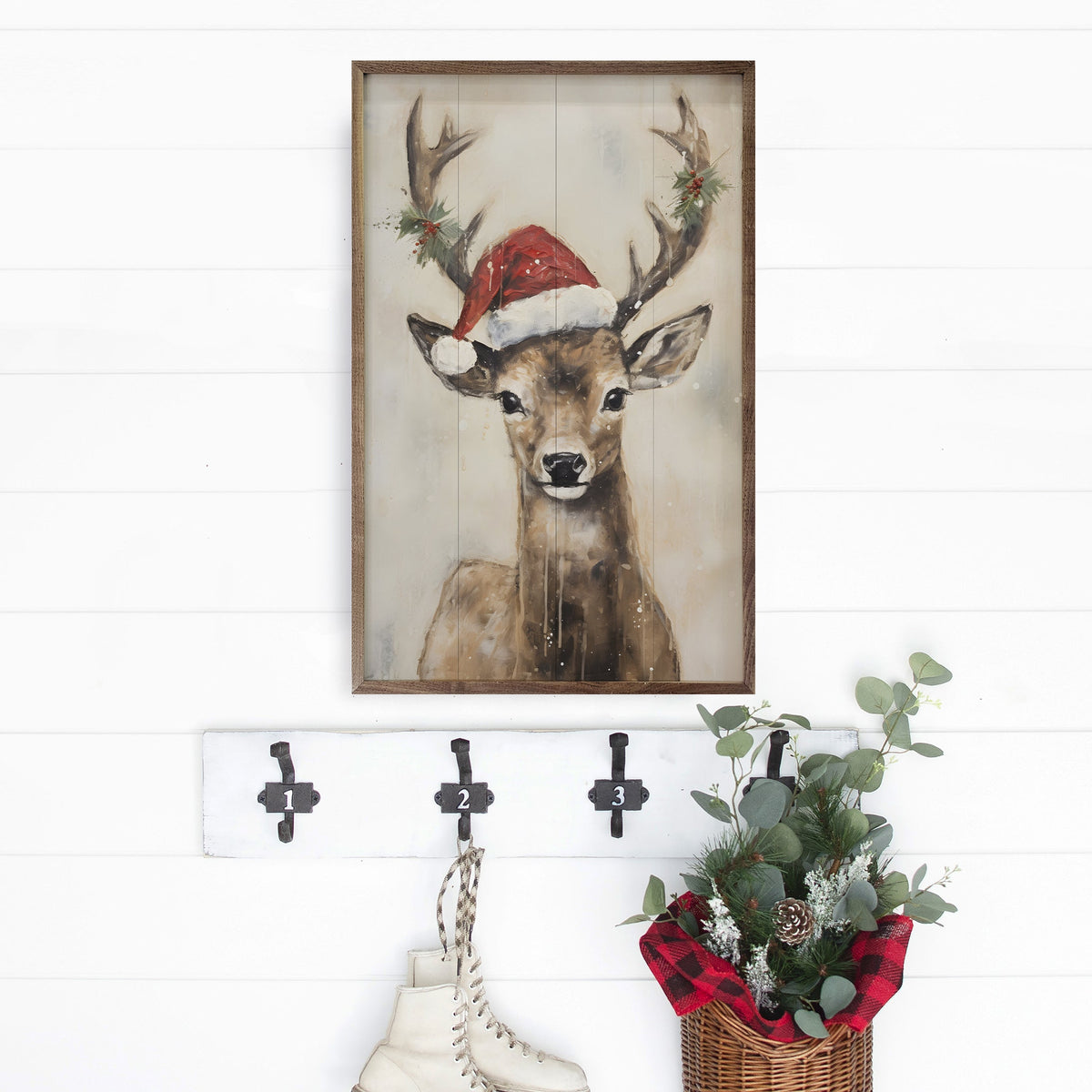 Reindeer With Santa Hat Wood Framed Print