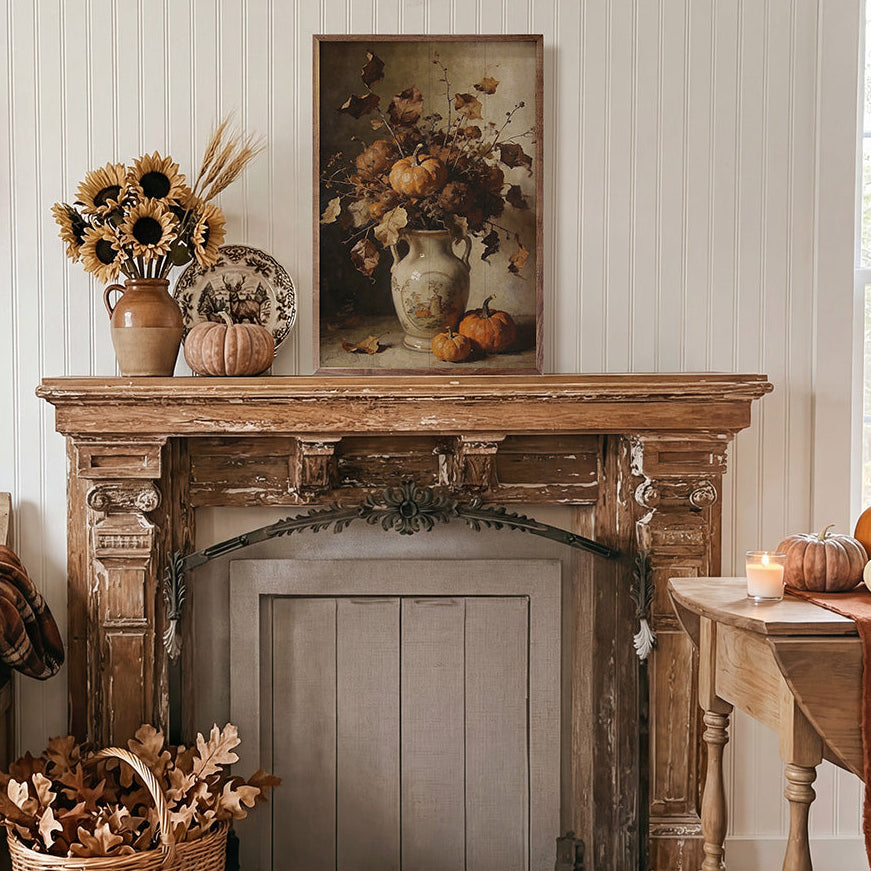 Rustic Autumn Floral With Pumpkins Wood Framed Print