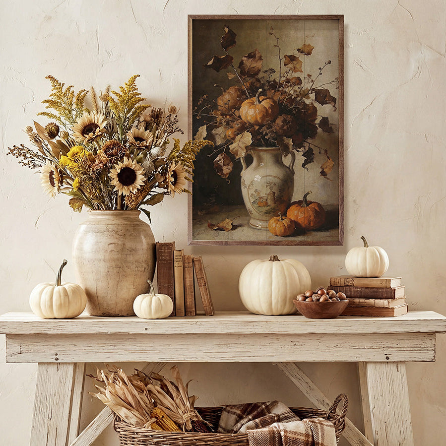 Rustic Autumn Floral With Pumpkins Wood Framed Print