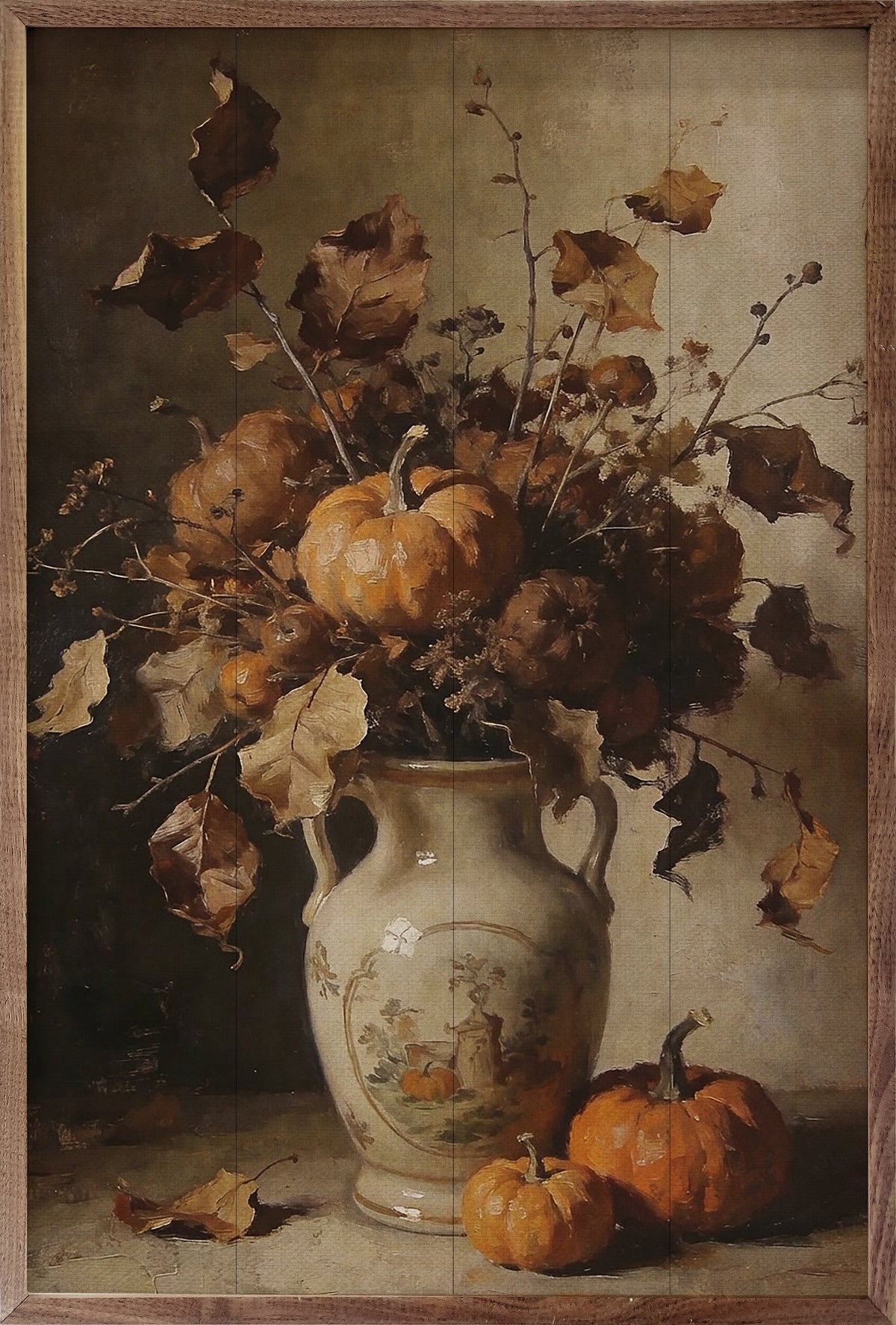 Rustic Autumn Floral With Pumpkins Wood Framed Print