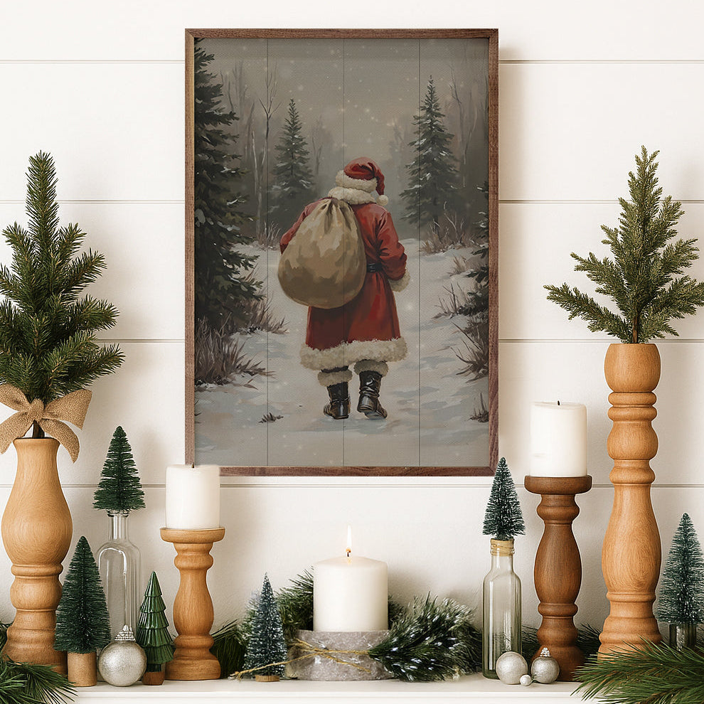 Santa Claus Walking In Timber Wood Framed Print