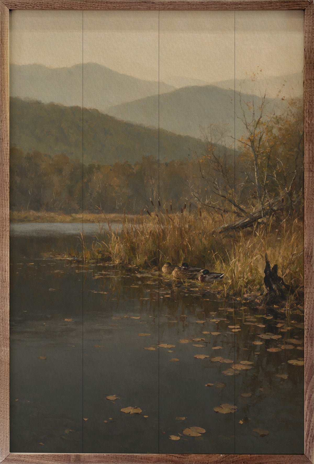 Vintage Mallards Along A Mountain Riverbank Wood Framed Print