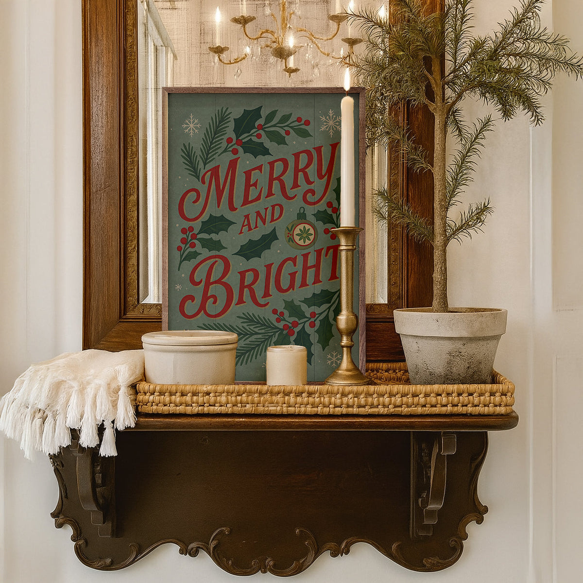 Vintage Merry & Bright Wood Framed Print
