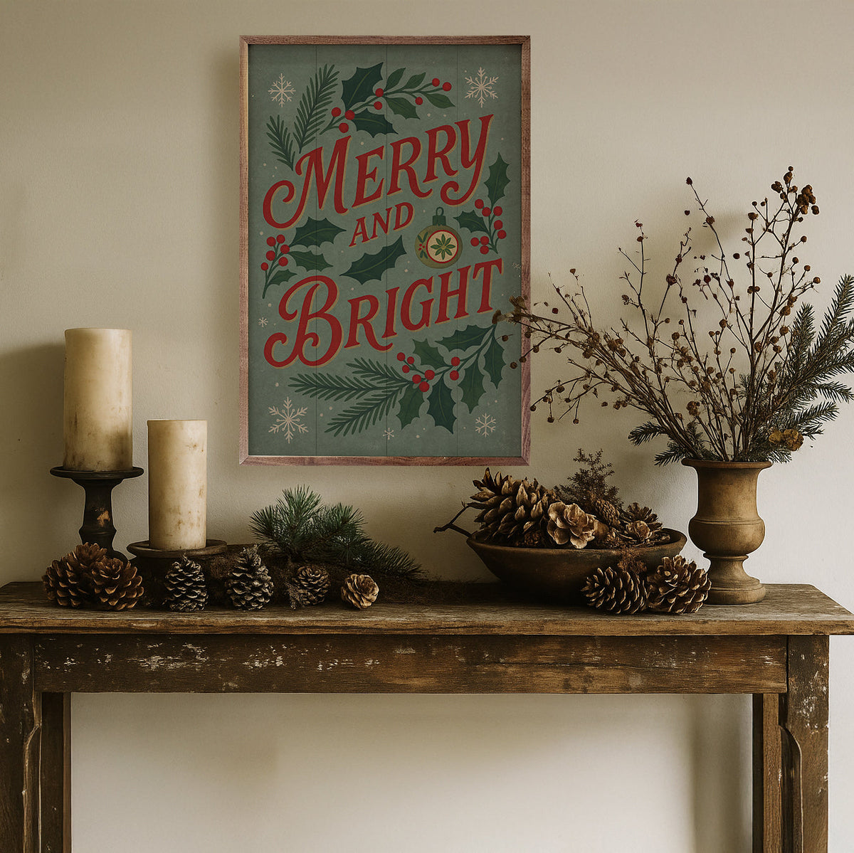 Vintage Merry & Bright Wood Framed Print