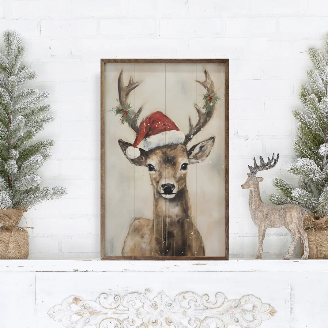 Reindeer With Santa Hat Wood Framed Print