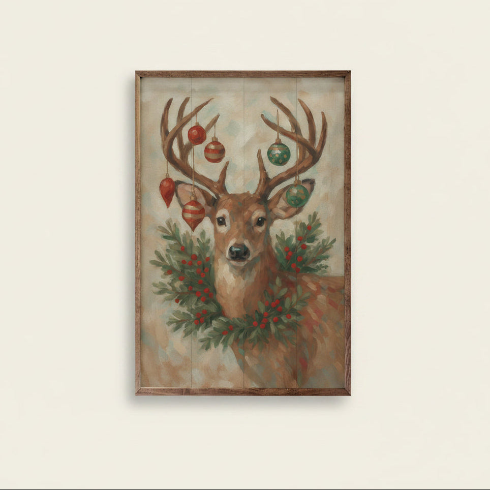 Christmas Whitetail Deer With Wreath Wood Framed Print