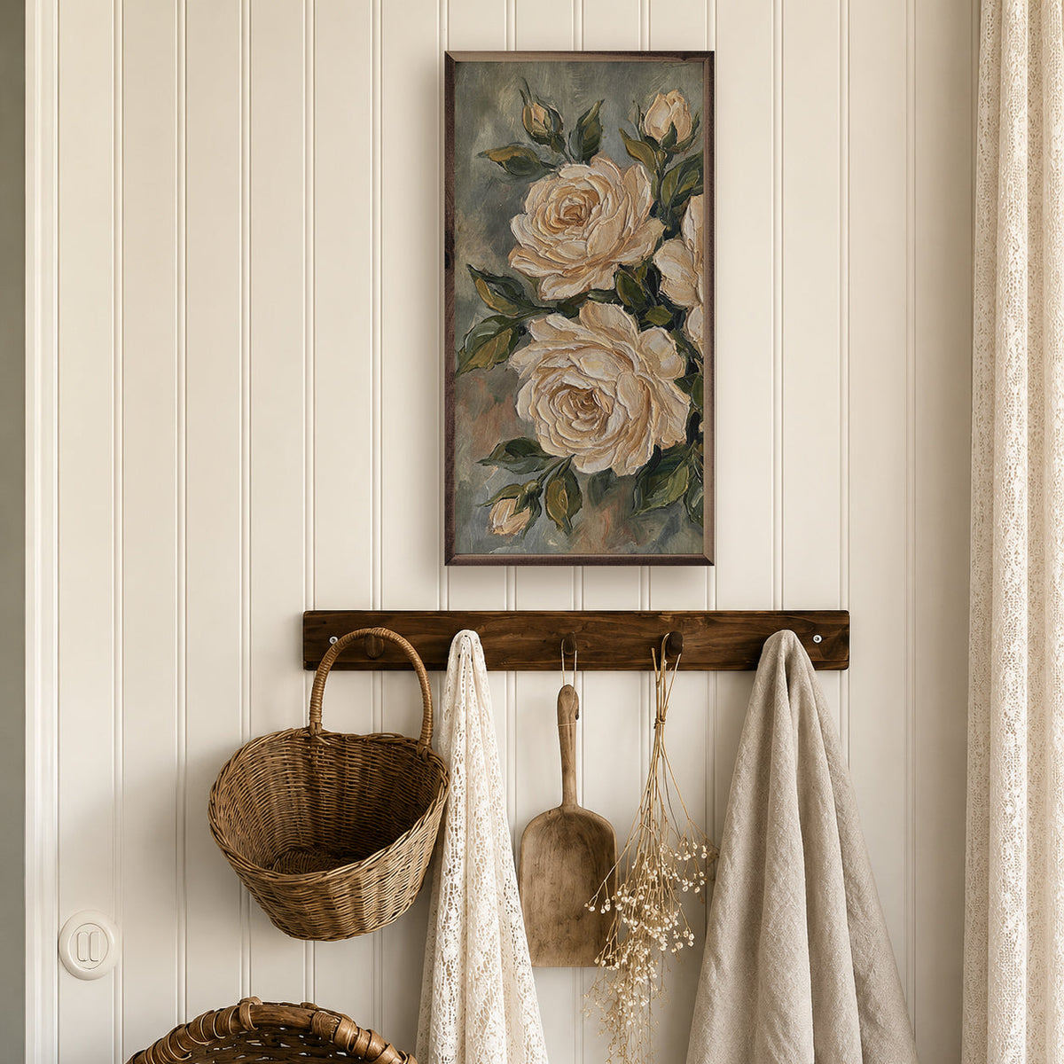 Antique White Rose Study Wood Framed Print
