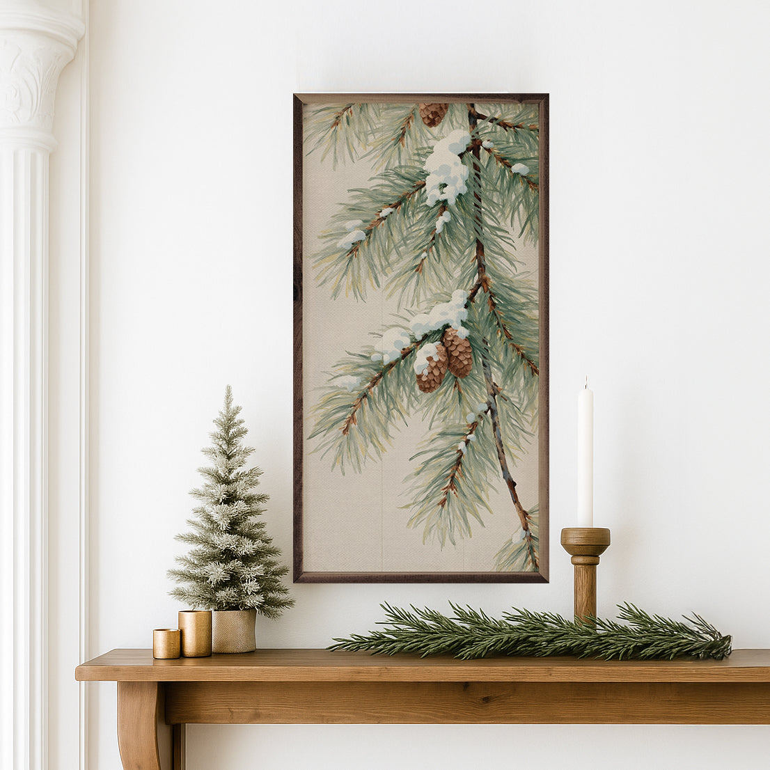 Snowy Pine Branch Vertical Wood Framed Print