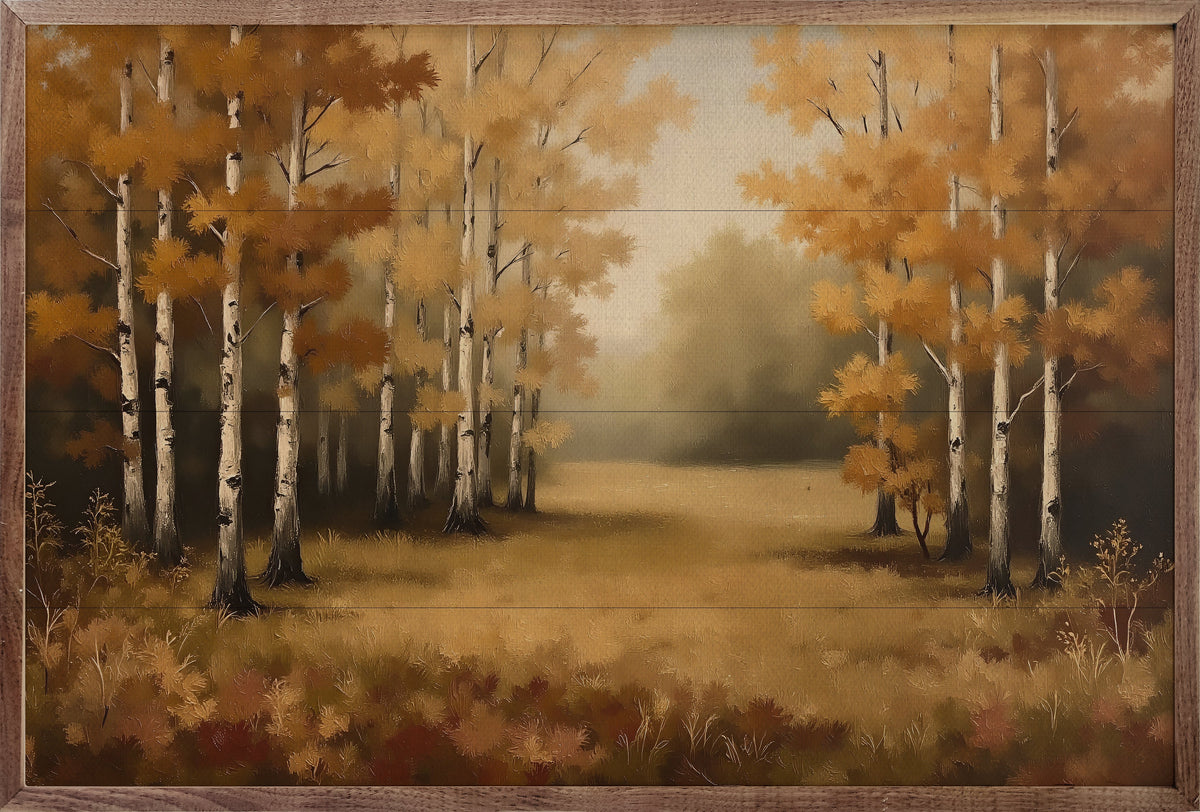 Autumn’s Birch Forest Wood Framed Print