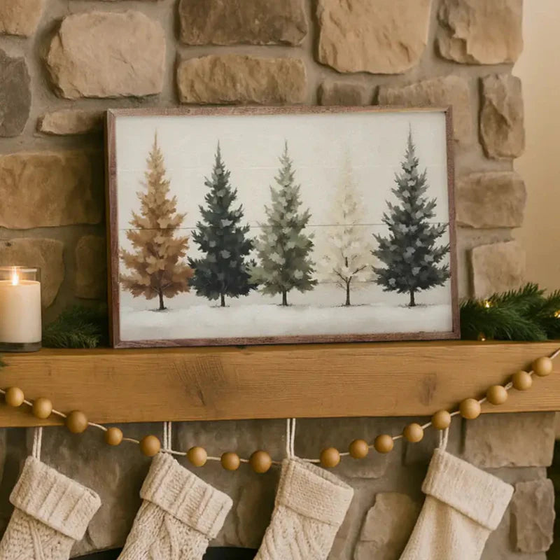Colored Pine Trees Wood Framed Print