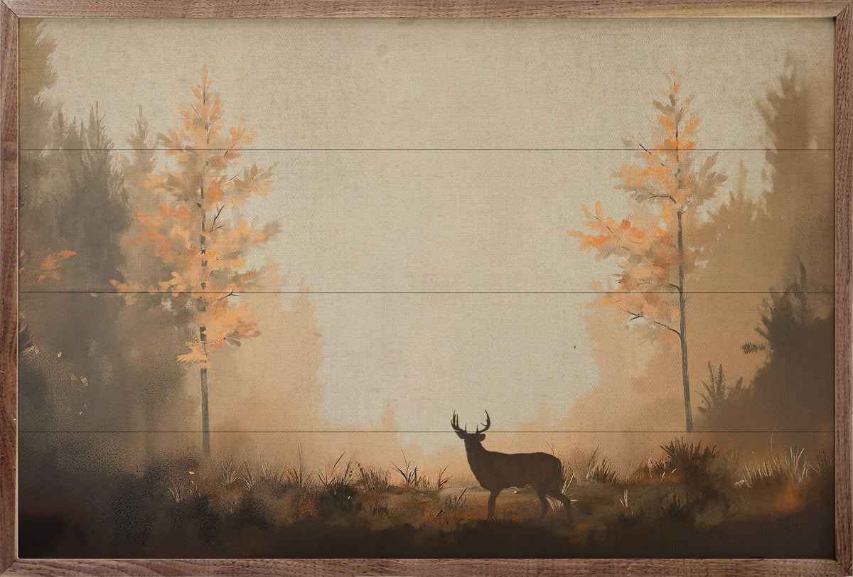 Deer In Autumn Lane Wood Framed Print