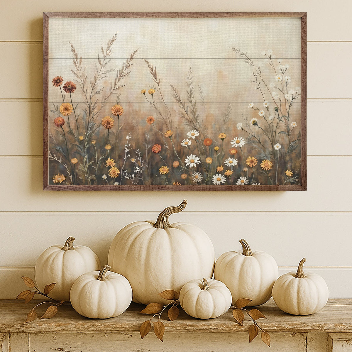 Fall Field With Mums & Daisies Wood Framed Print