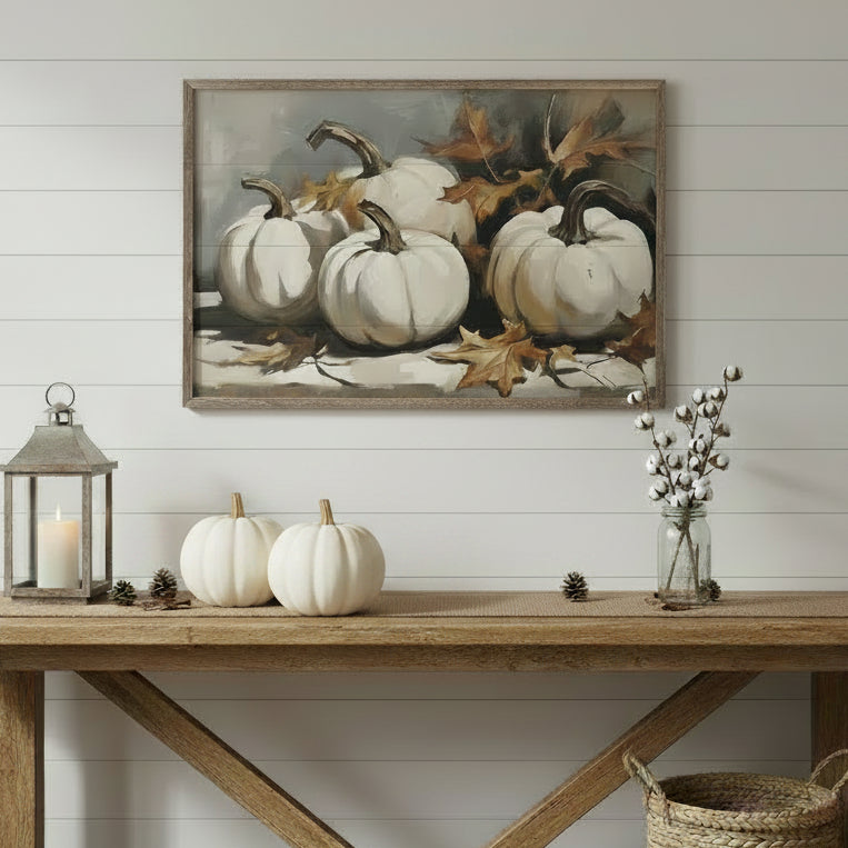 White Pumpkins With Leaves Wood Framed Print