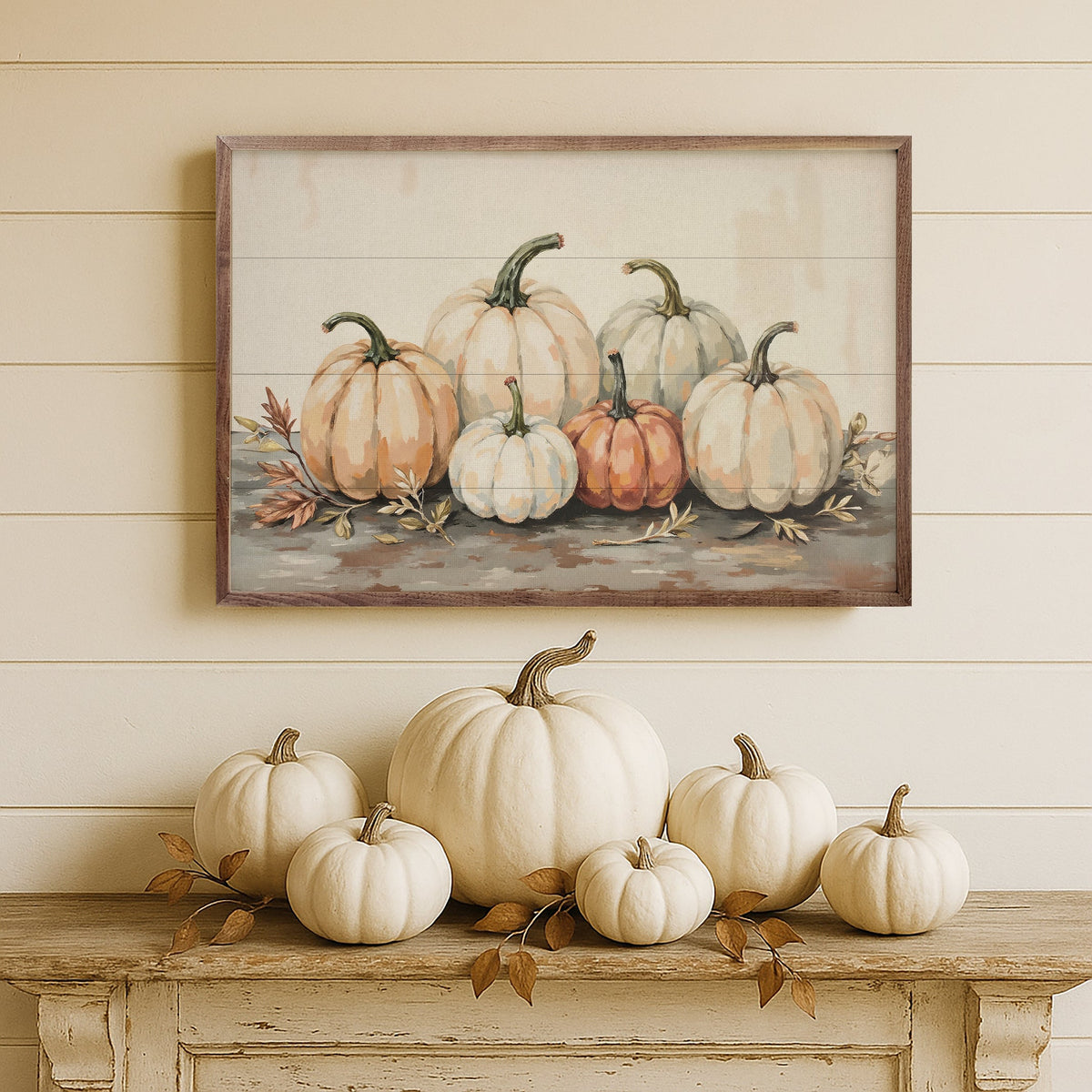 Gathered Pumpkins On A Tabletop Wood Framed Print