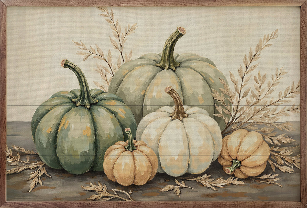 Pumpkins With Dried Leaves Wood Framed Print