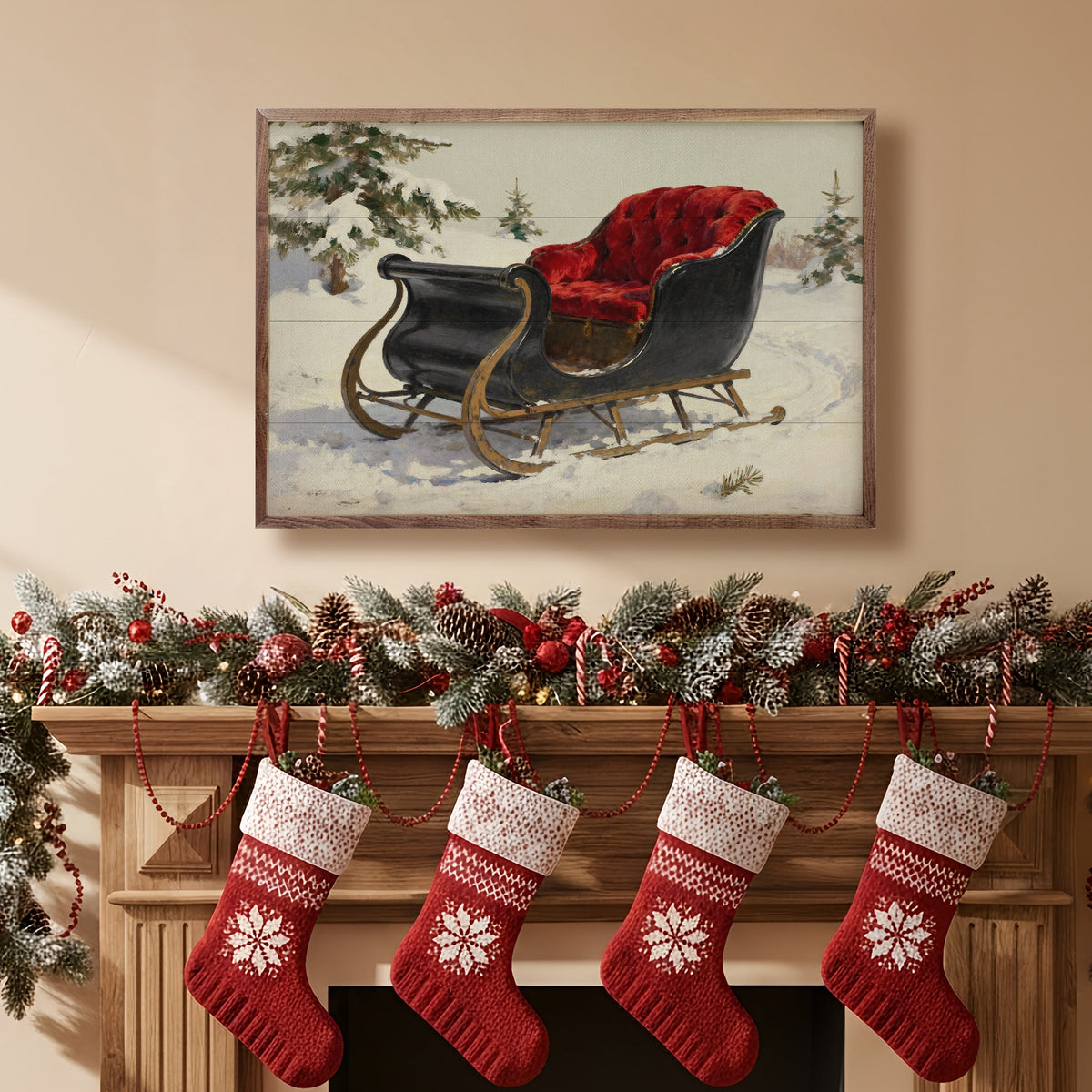 Red Velvet Sleigh Wood Framed Print
