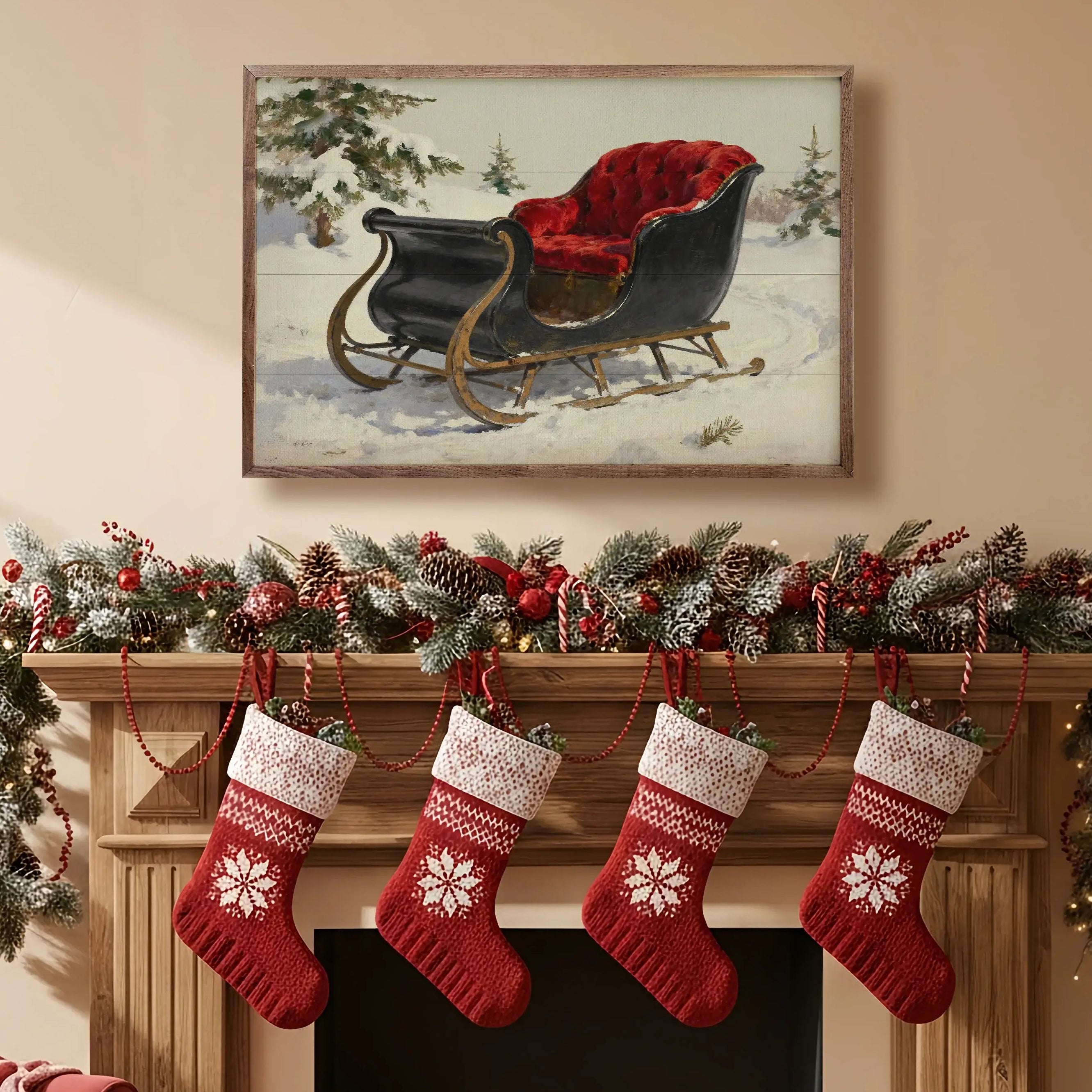 Red Velvet Sleigh Wood Framed Print