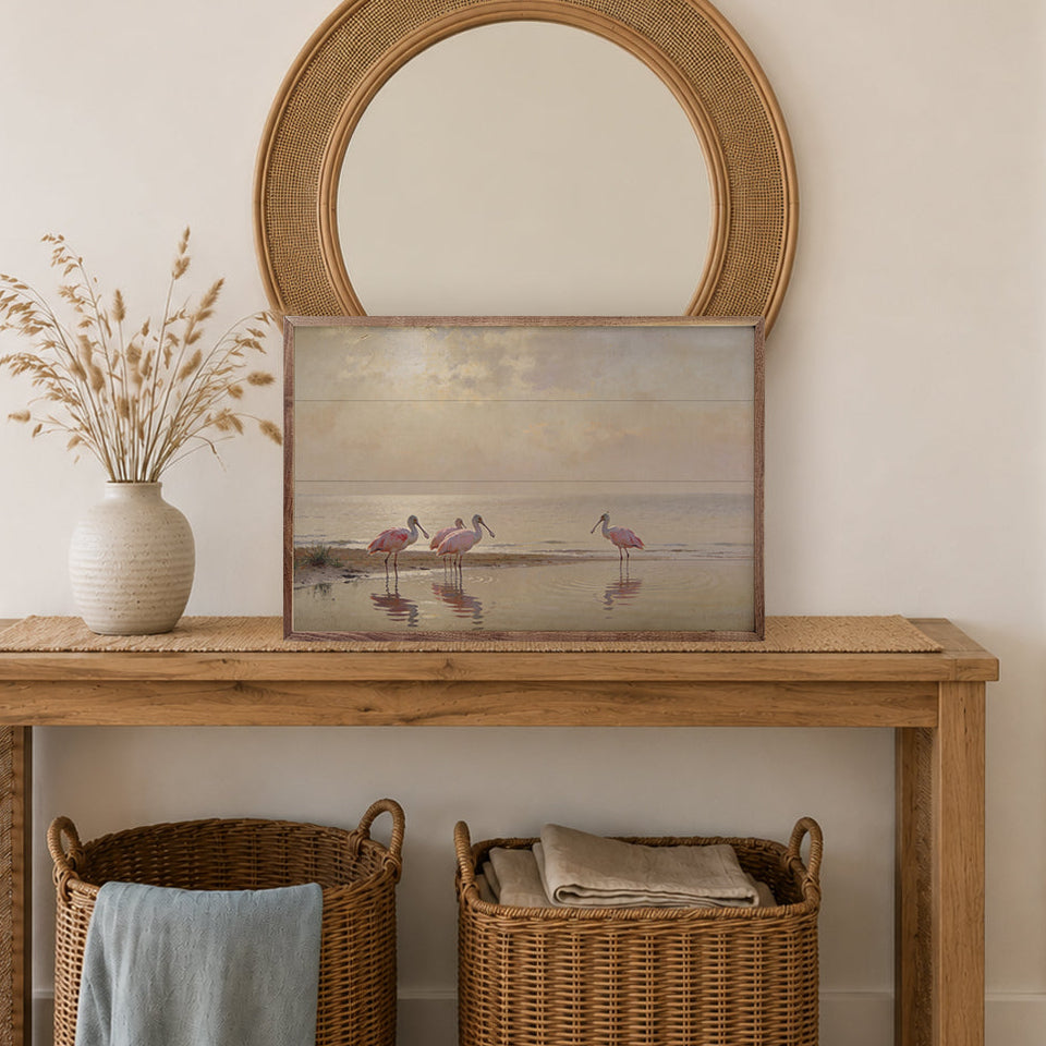 Roseate Spoonbills At Low Tide Wood Framed Print
