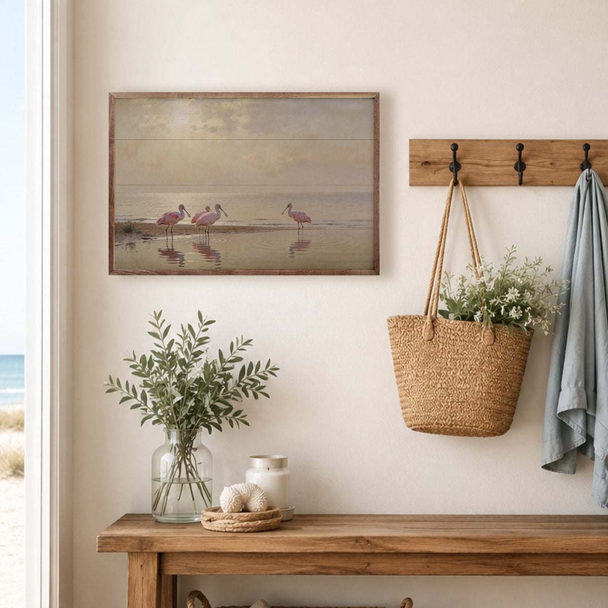 Roseate Spoonbills At Low Tide Wood Framed Print
