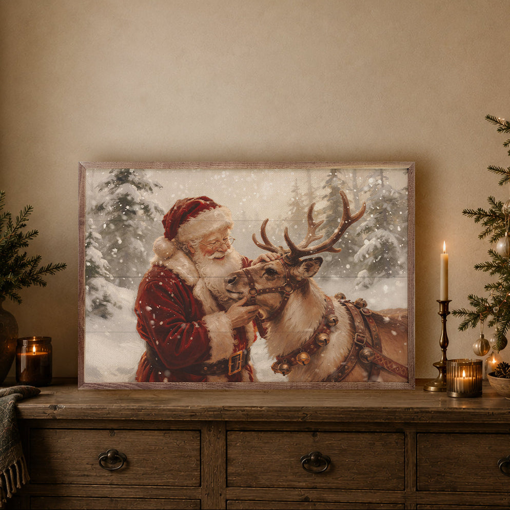 Santa & His Reindeer Wood Framed Print