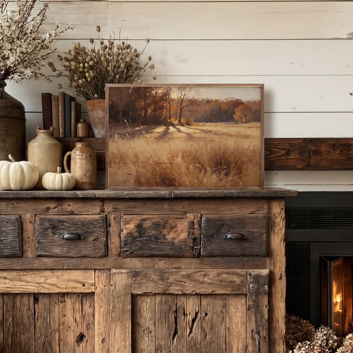 Sunlit Autumn Meadow Wood Framed Print