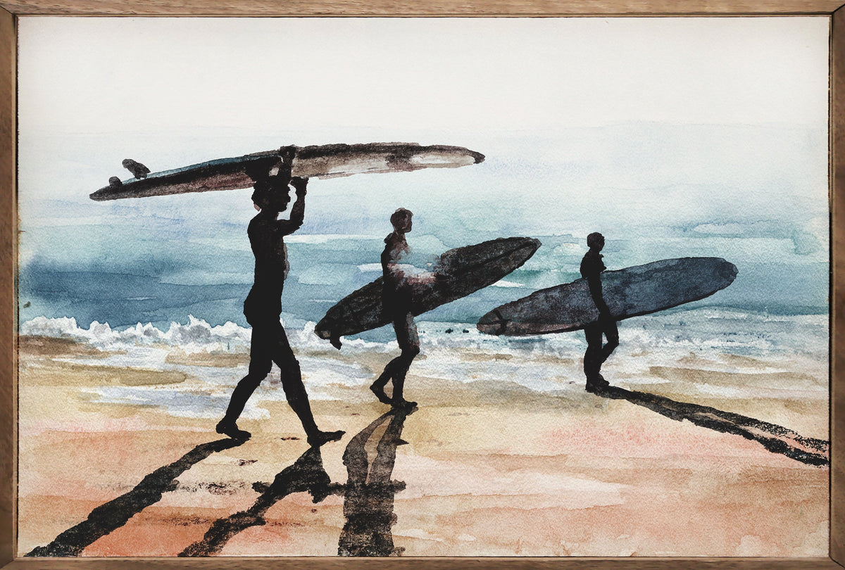 Watercolor Surfers On The Beach Wood Framed Print