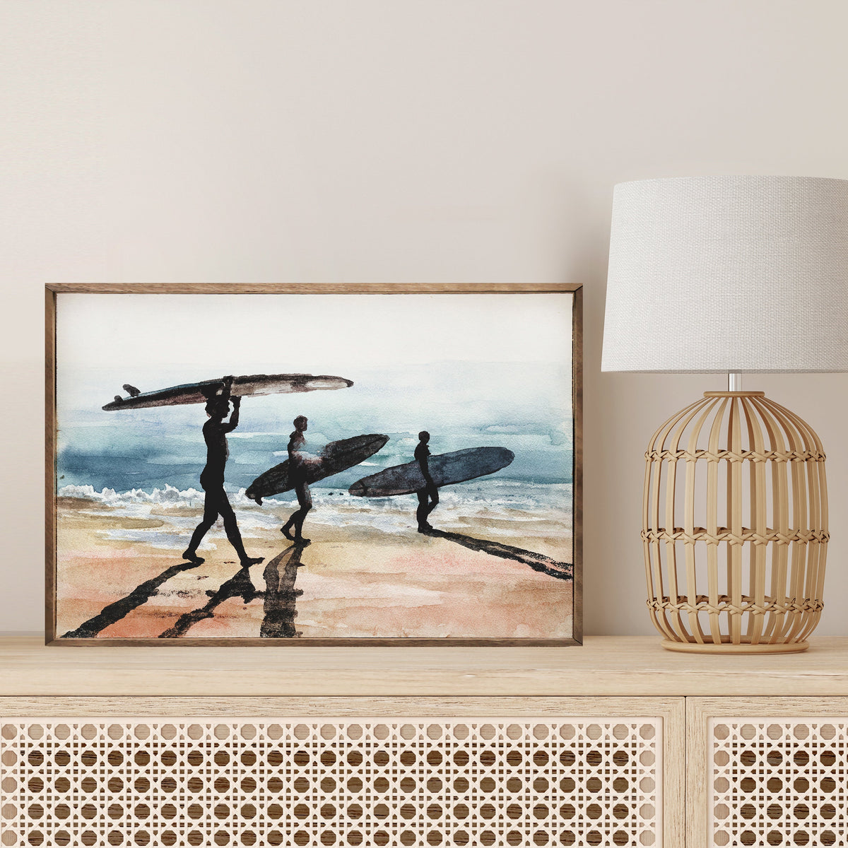 Watercolor Surfers On The Beach Wood Framed Print