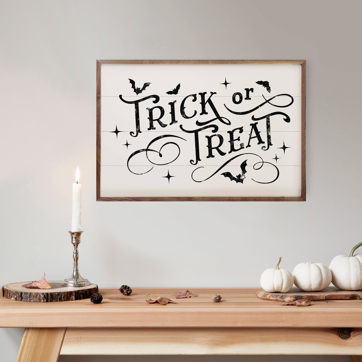 Trick Or Treat Bats & Curls Wood Framed Print