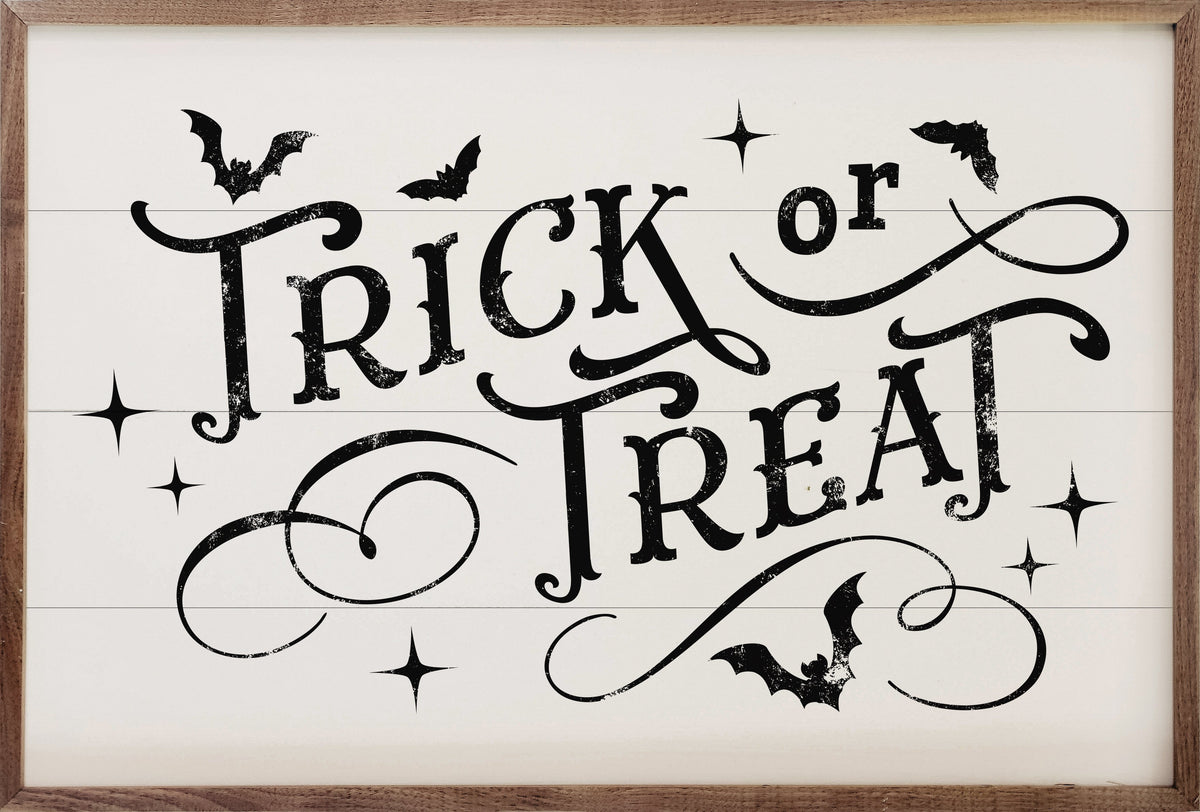 Trick Or Treat Bats & Curls Wood Framed Print
