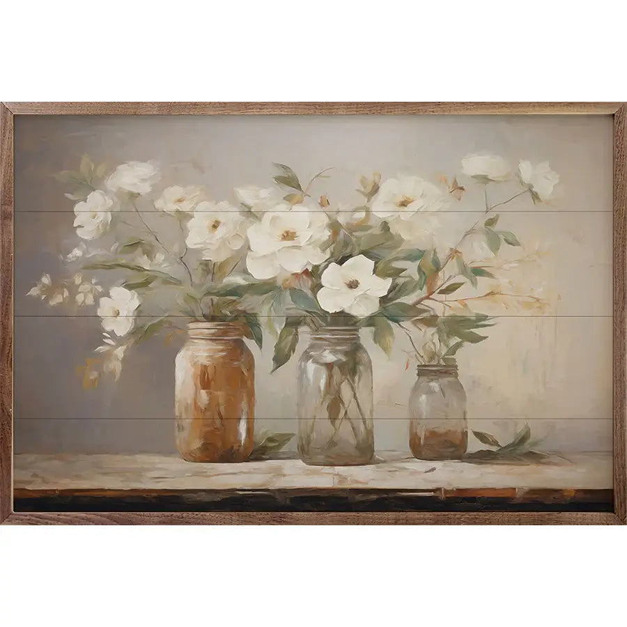 Mason Jar Bouquet Wood Framed Print