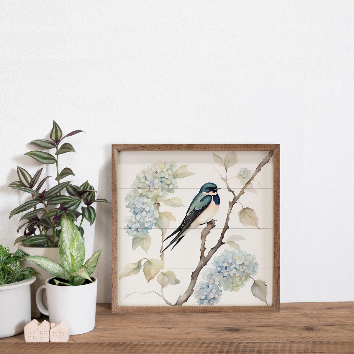 Barn Swallow On Hydrangea Bush Wood Framed Print