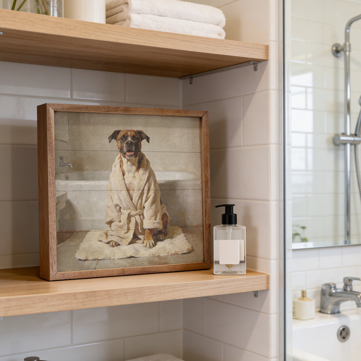 Bath Time Boxer Robe Wood Framed Print