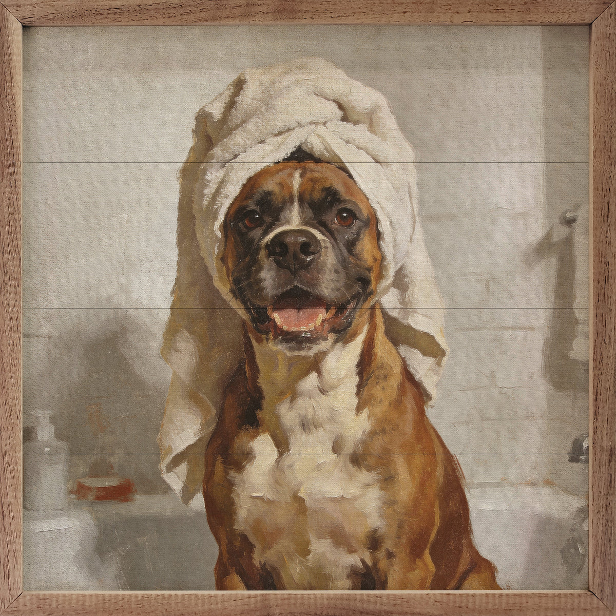 Bath Time Boxer Towel Wood Framed Print