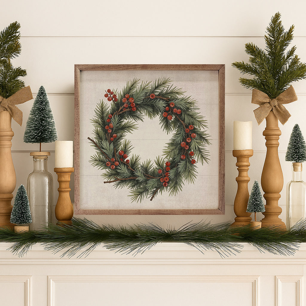 Berry Pine Wreath Wood Framed Print