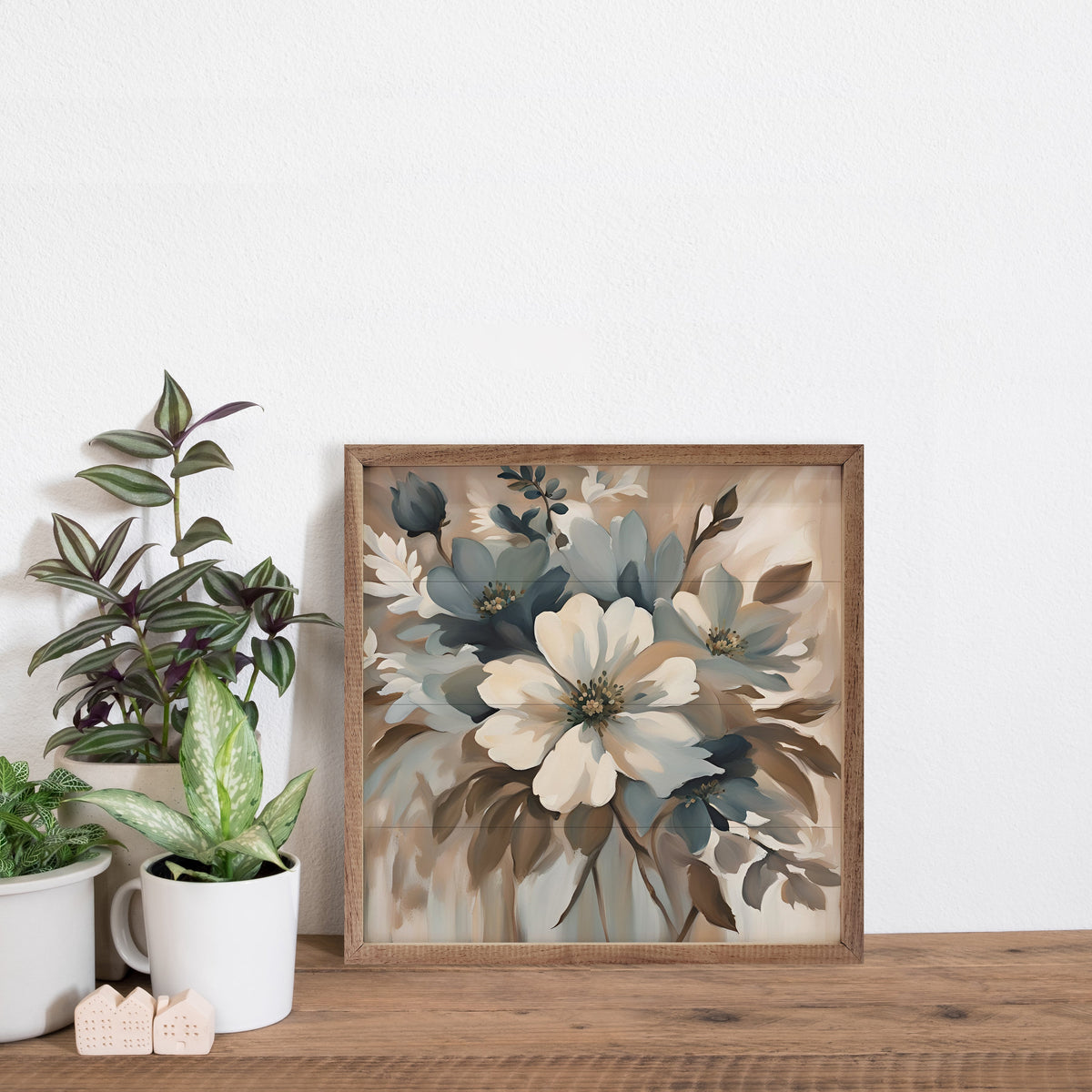 Blue And Tan Floral Display Wood Framed Print