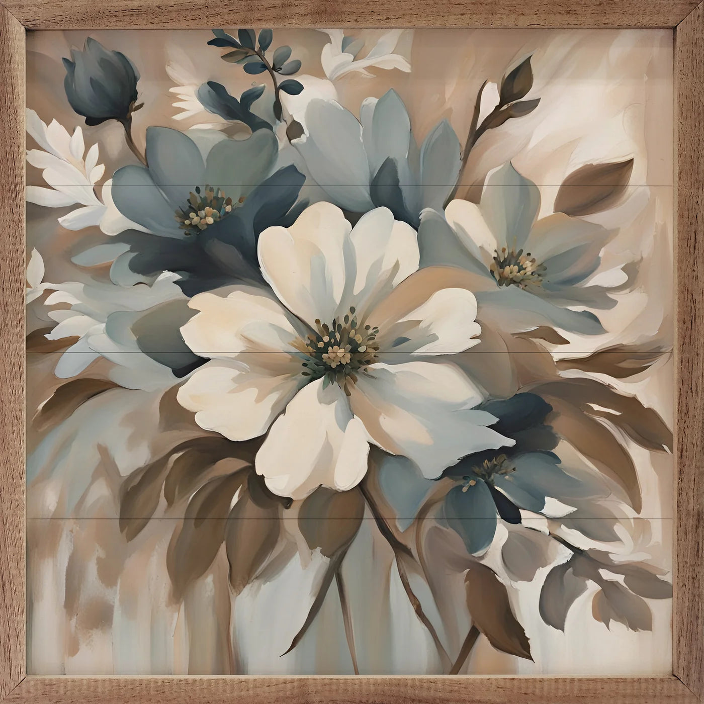 Blue And Tan Floral Display Wood Framed Print