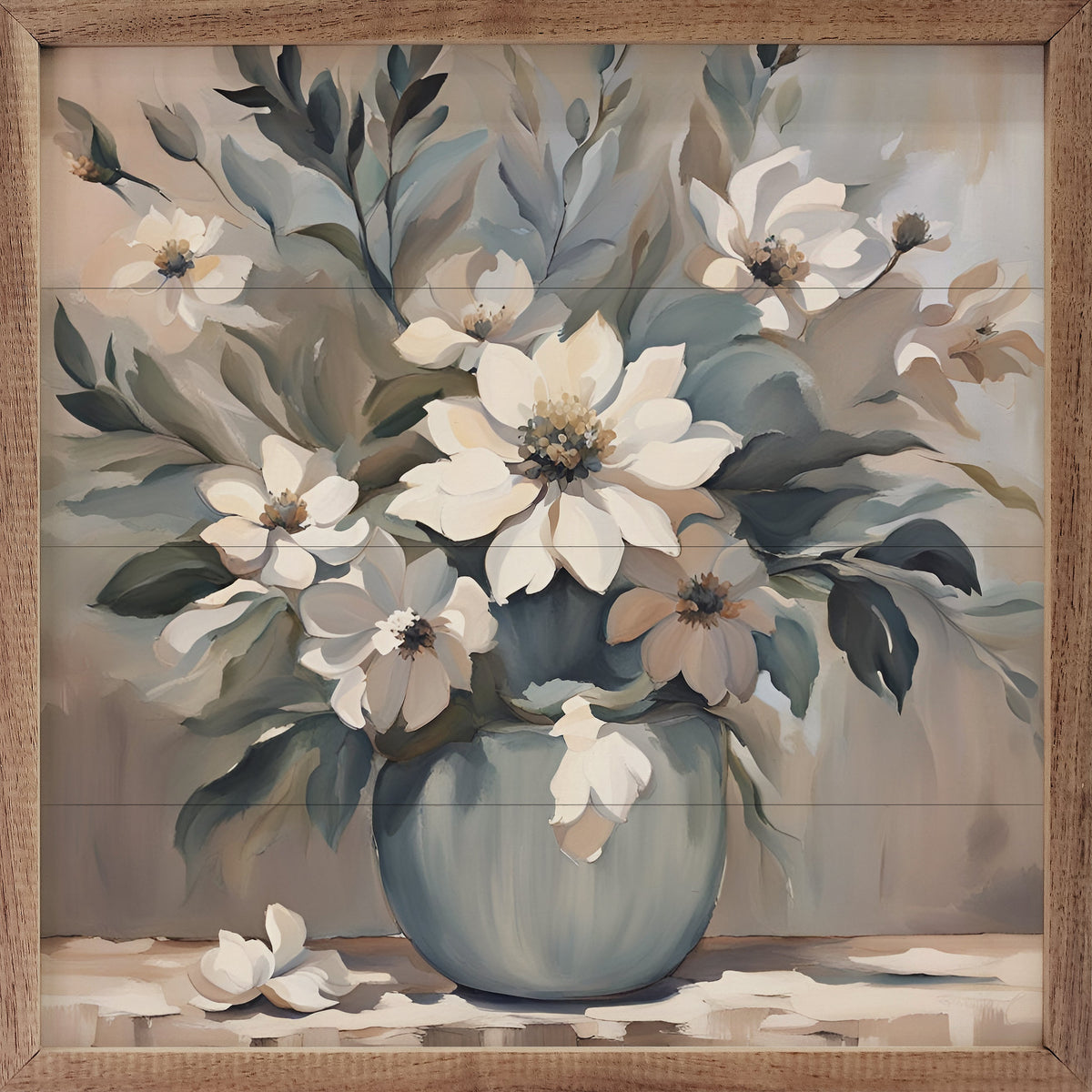 Blue And Tan Florals In Vase Wood Framed Print